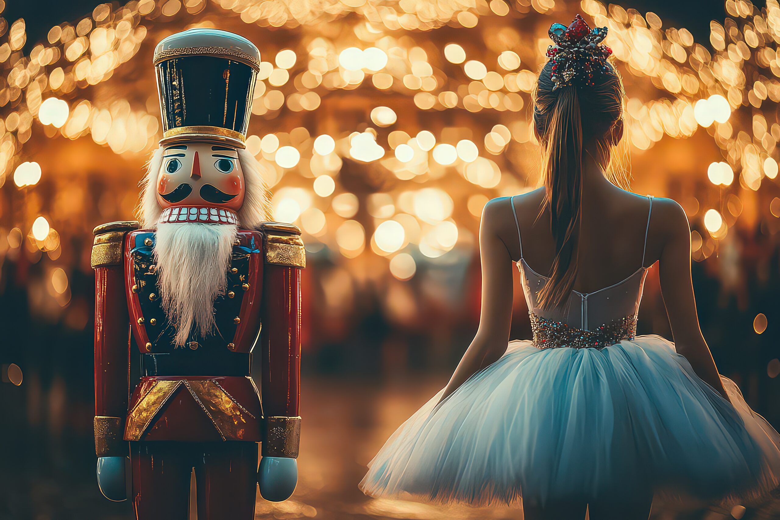 Nutcracker standing with ballerina figurine, both poised on richly adorned stage, soft glow of spotlights highlighting intricate costume details.